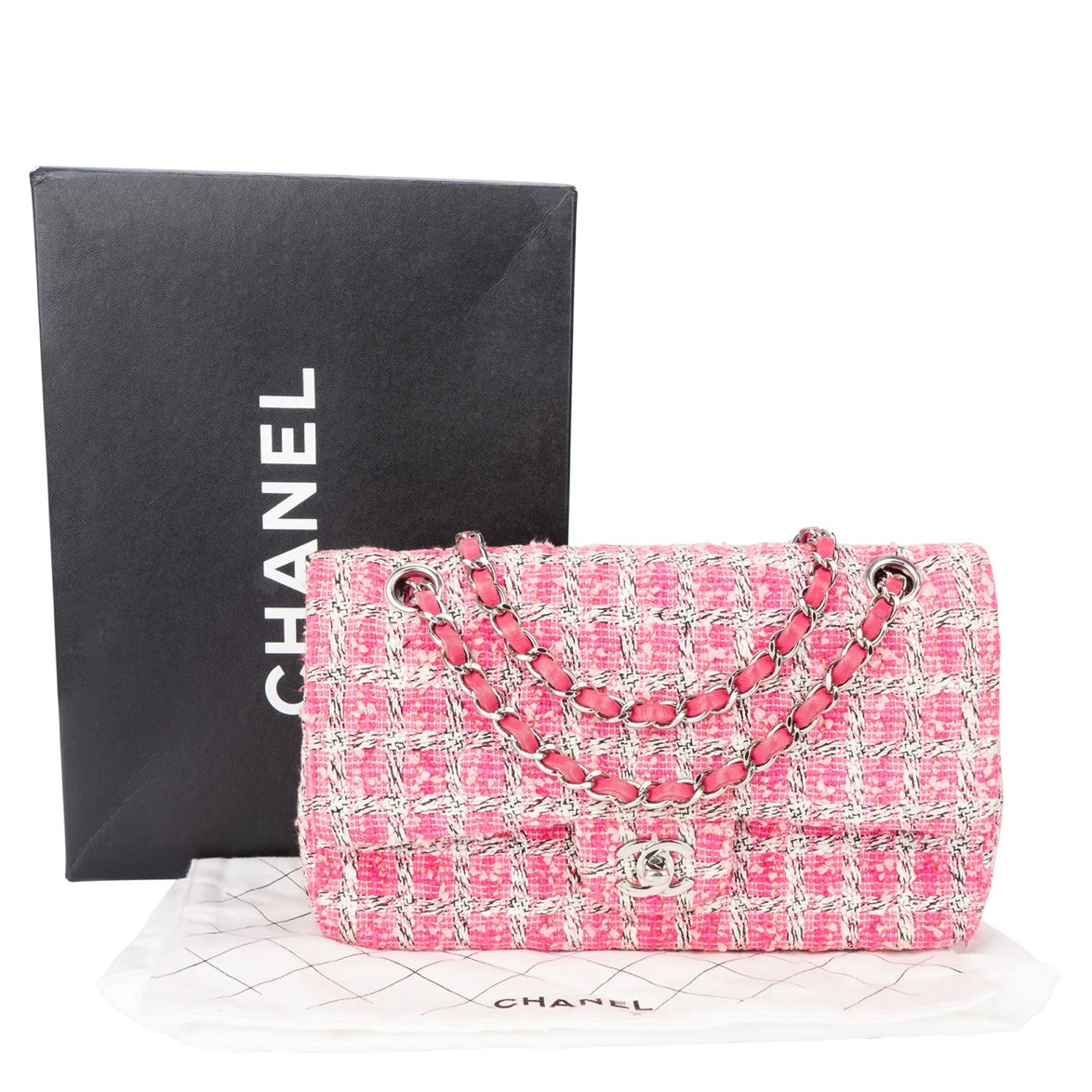 Chanel Quilted Tweed Palladium Double Flap Crossbody Bag