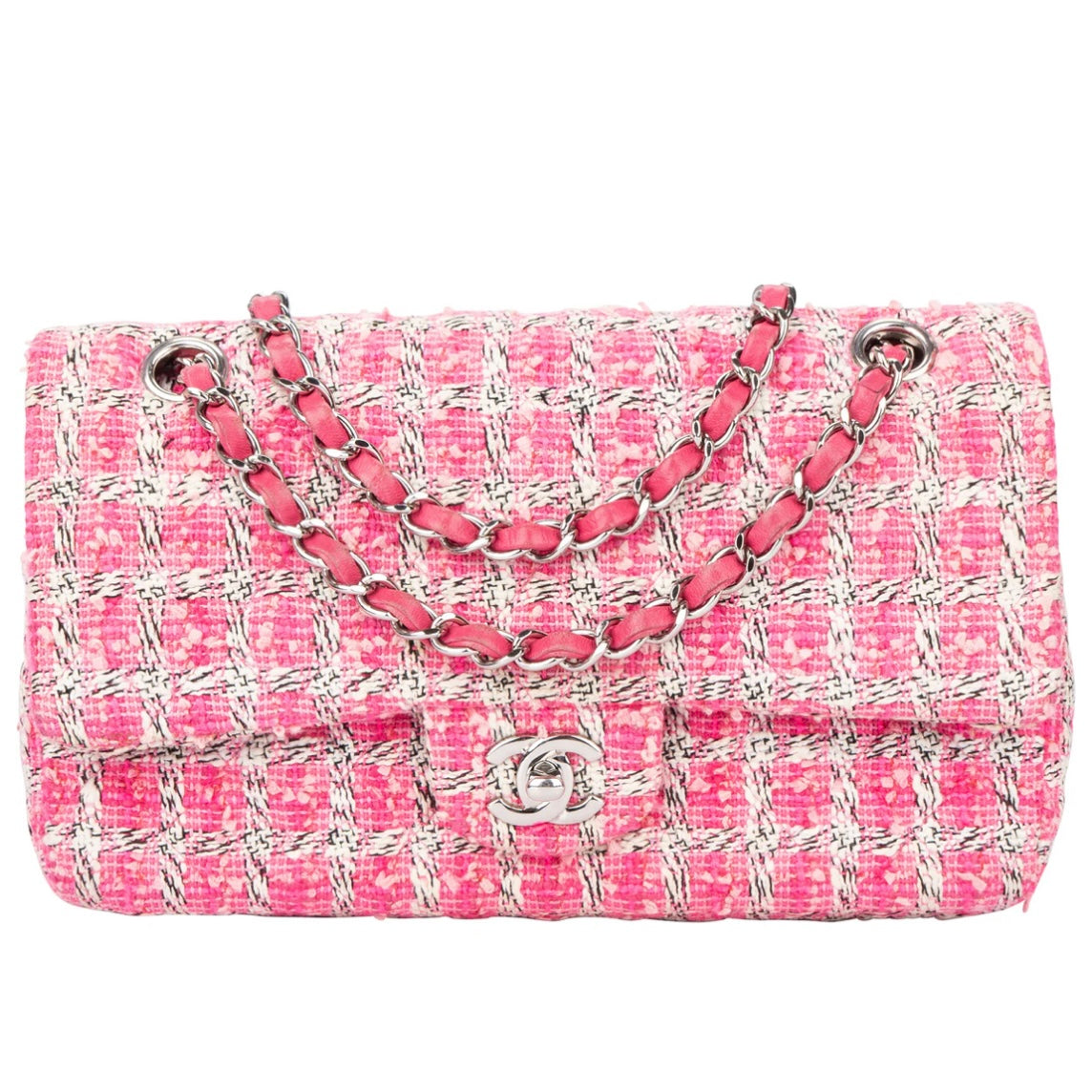 Chanel Quilted Tweed Palladium Double Flap Crossbody Bag