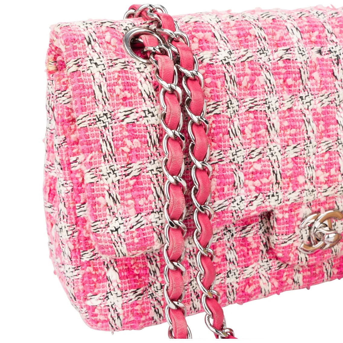 Chanel Quilted Tweed Palladium Double Flap Crossbody Bag