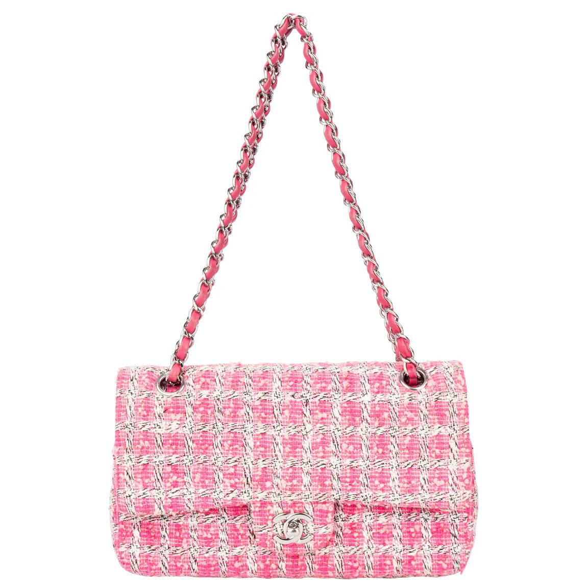 Chanel Quilted Tweed Palladium Double Flap Crossbody Bag