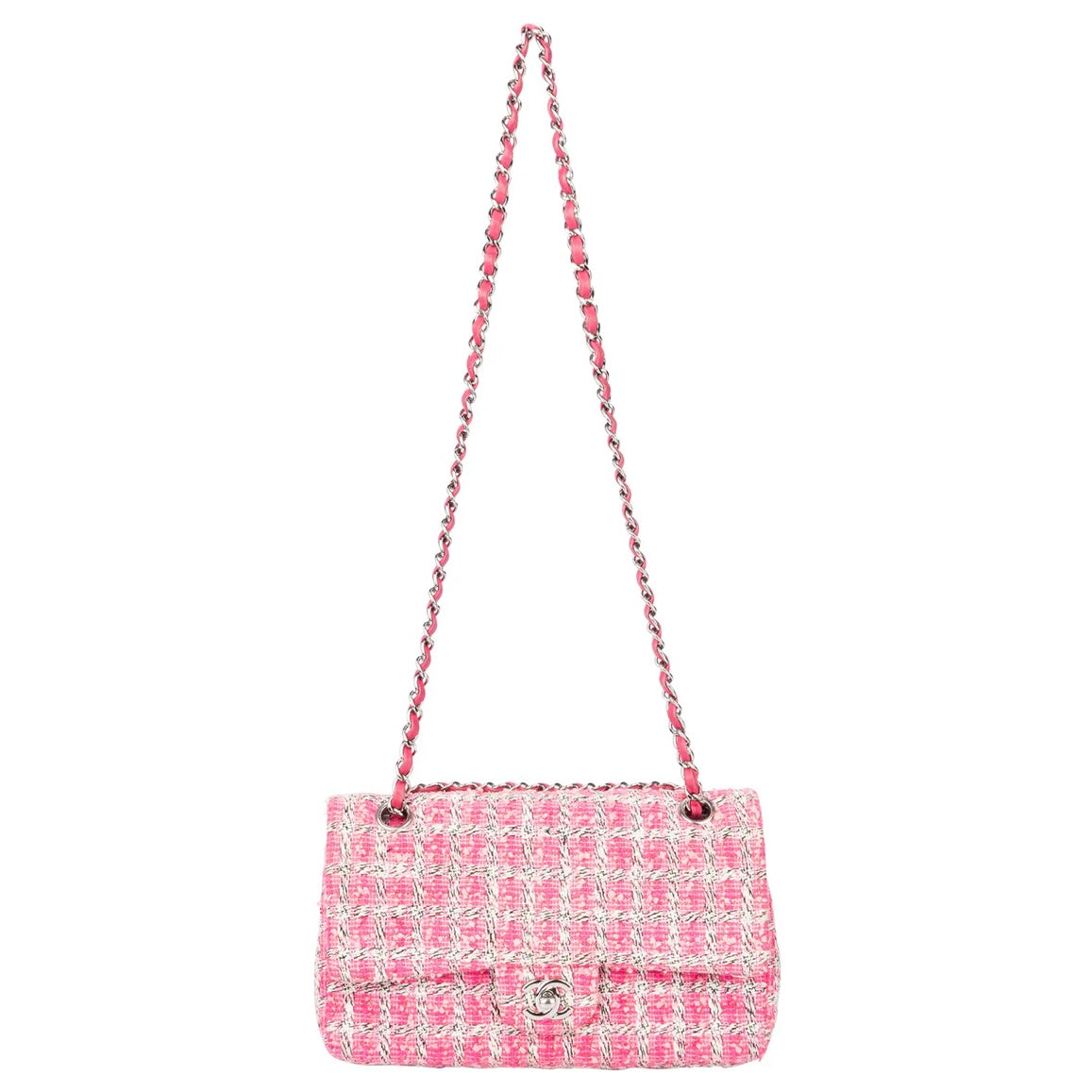 Chanel Quilted Tweed Palladium Double Flap Crossbody Bag