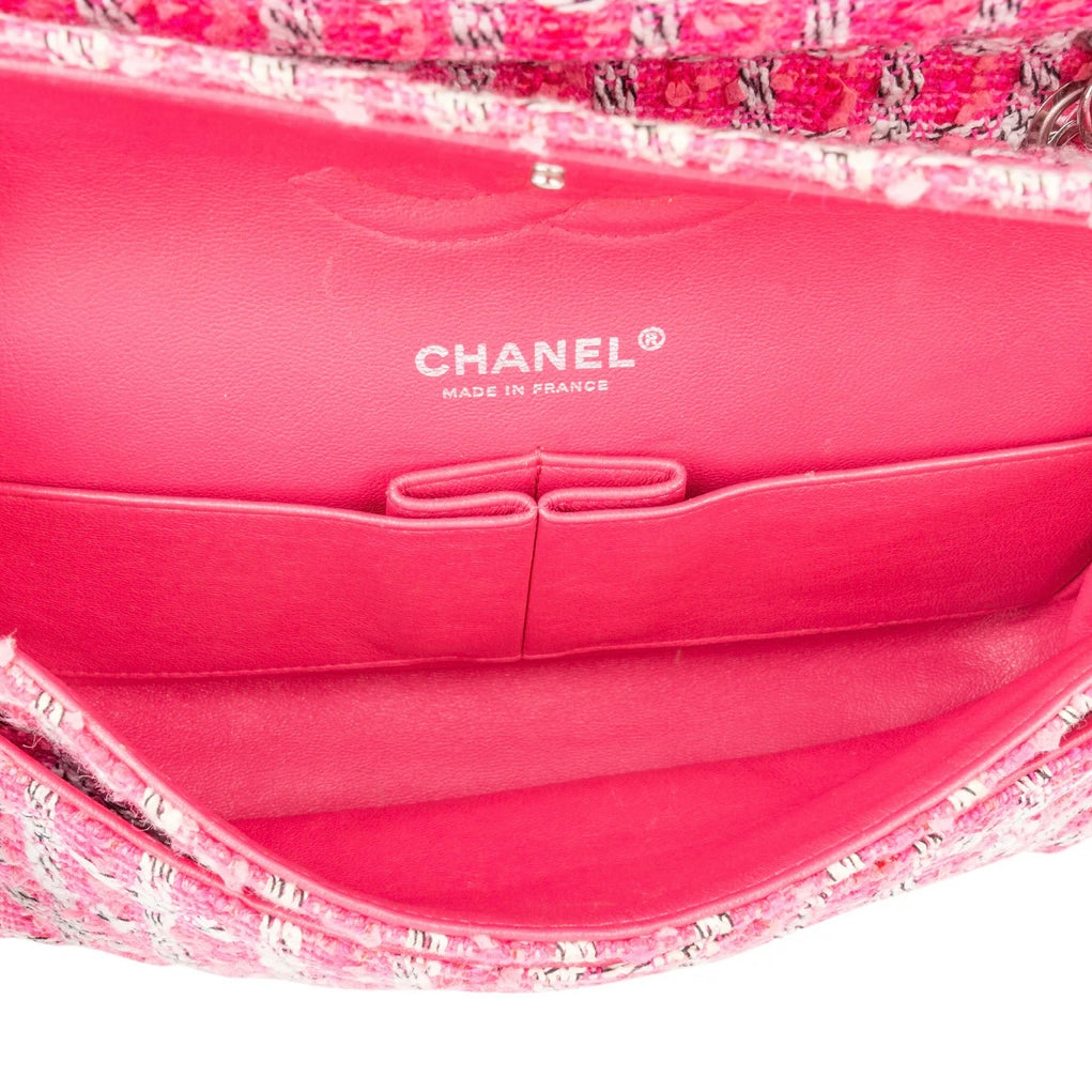 Chanel Quilted Tweed Palladium Double Flap Crossbody Bag