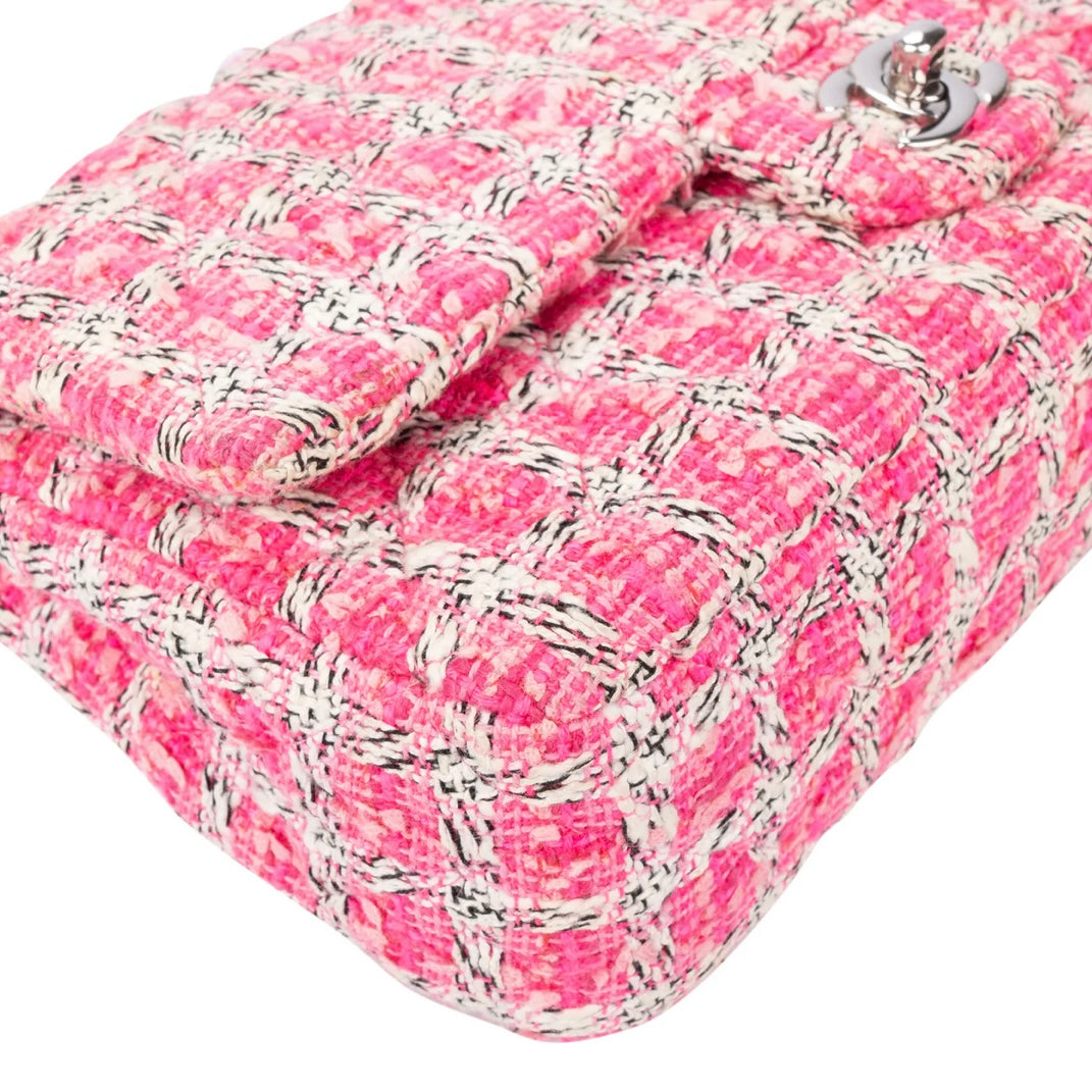 Chanel Quilted Tweed Palladium Double Flap Crossbody Bag