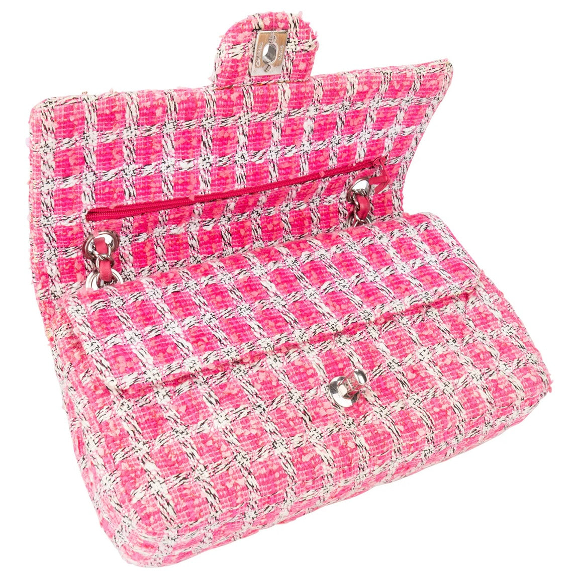 Chanel Quilted Tweed Palladium Double Flap Crossbody Bag
