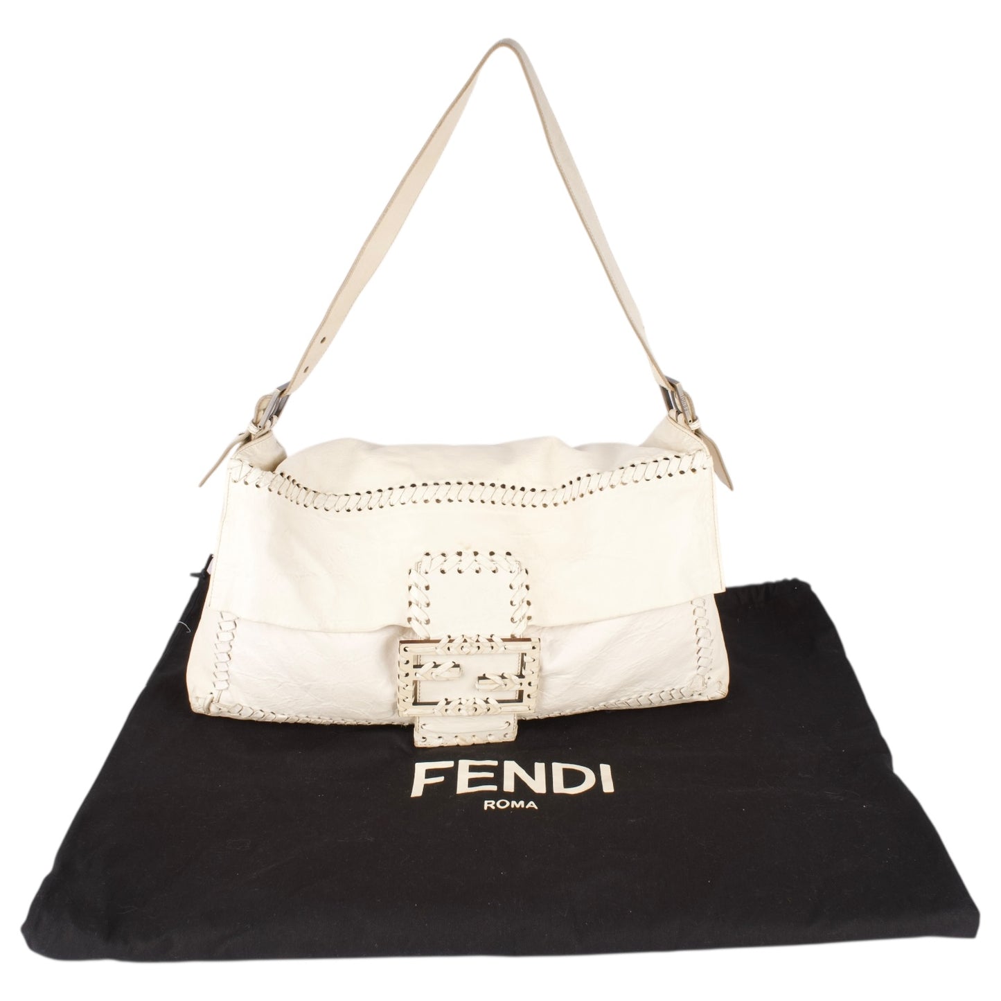Fendi White Whipstitch Leather Shoulder Bag