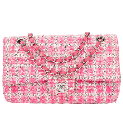 Chanel Quilted Tweed Palladium Double Flap Crossbody Bag
