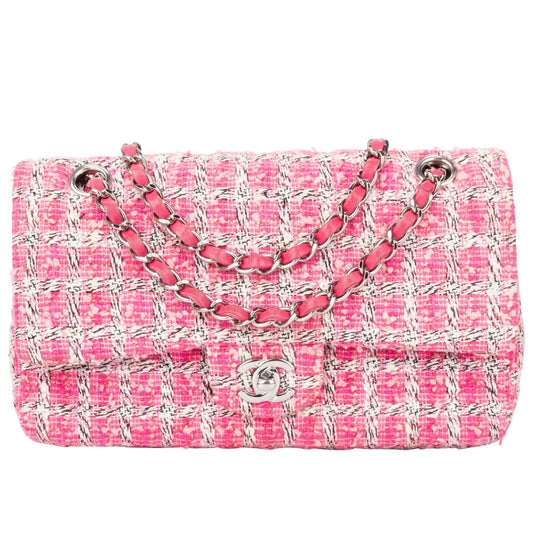 Chanel Quilted Tweed Palladium Double Flap Crossbody Bag