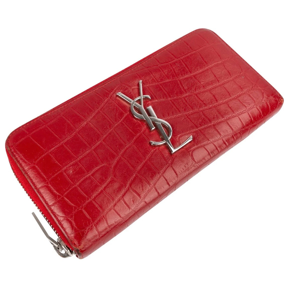 Yves Saint Laurent Croc-Embossed Leather Monogram Zip Around Wallet
