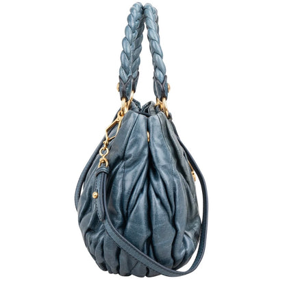 Miu Miu Blue Leather Vitello Lux Pleated Handbag