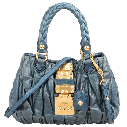 Miu Miu Blue Leather Vitello Lux Pleated Handbag