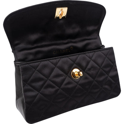 Chanel Navy Quilted Satin Top Bar 24K Gold Single Flap Small Crossbody Bag