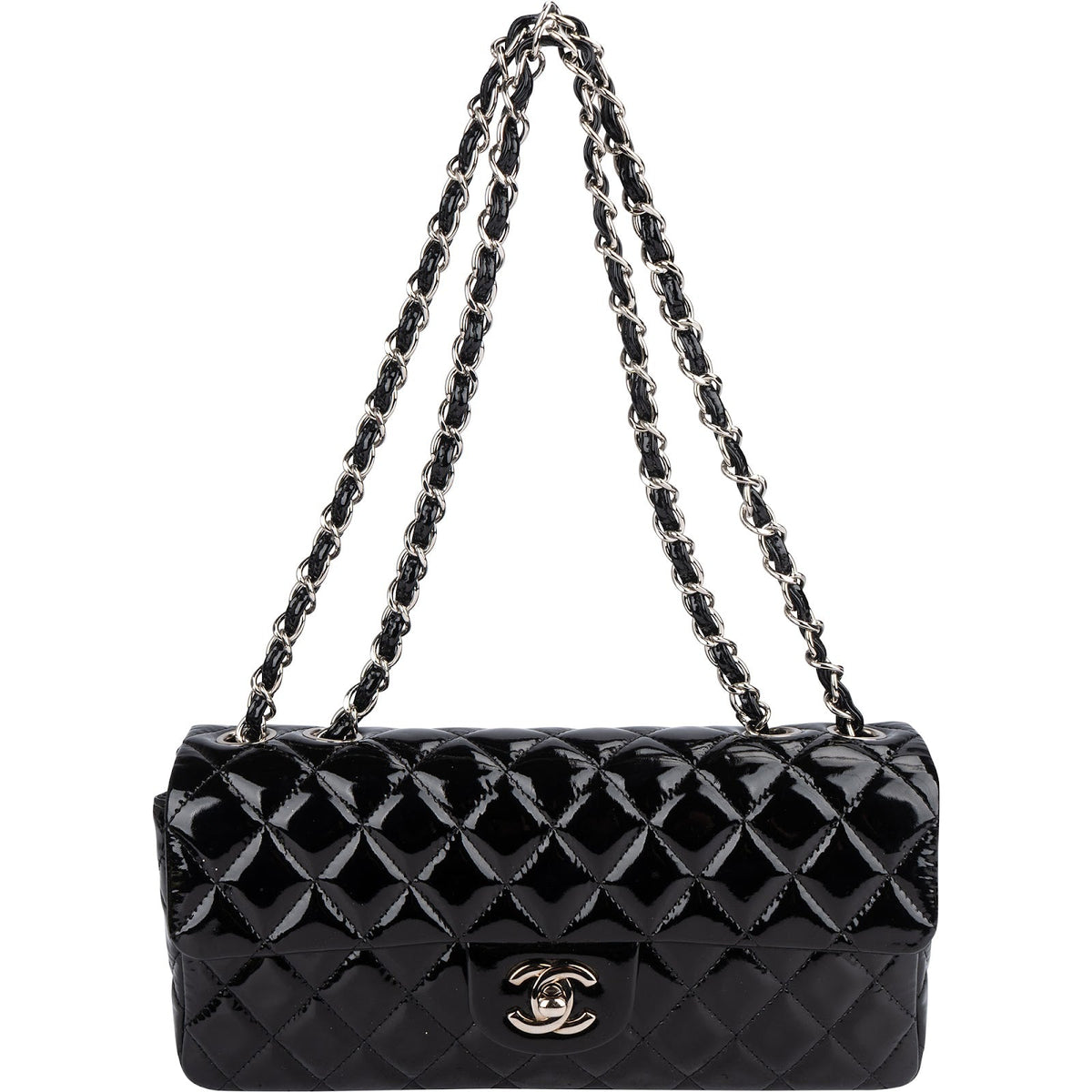Chanel Quilted Patent Leather East West Single Flap Shoulder Bag