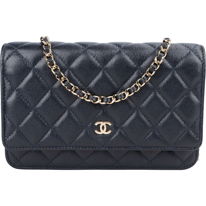 Chanel Dark Blue Quilted Caviar Leather Wallet On Chain Crossbody Bag