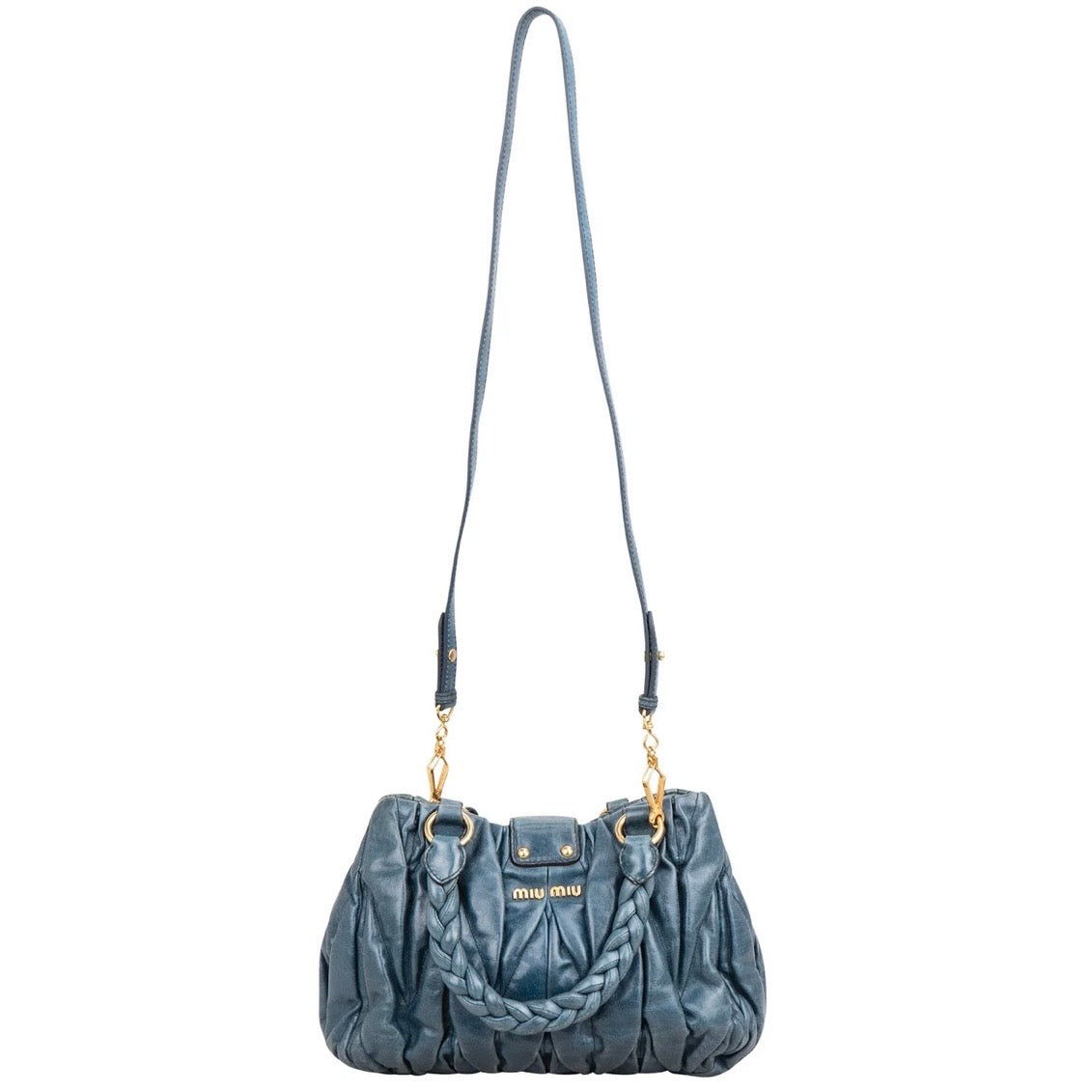 Miu Miu Blue Leather Vitello Lux Pleated Handbag
