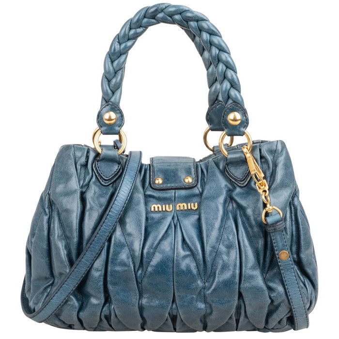 Miu Miu Blue Leather Vitello Lux Pleated Handbag