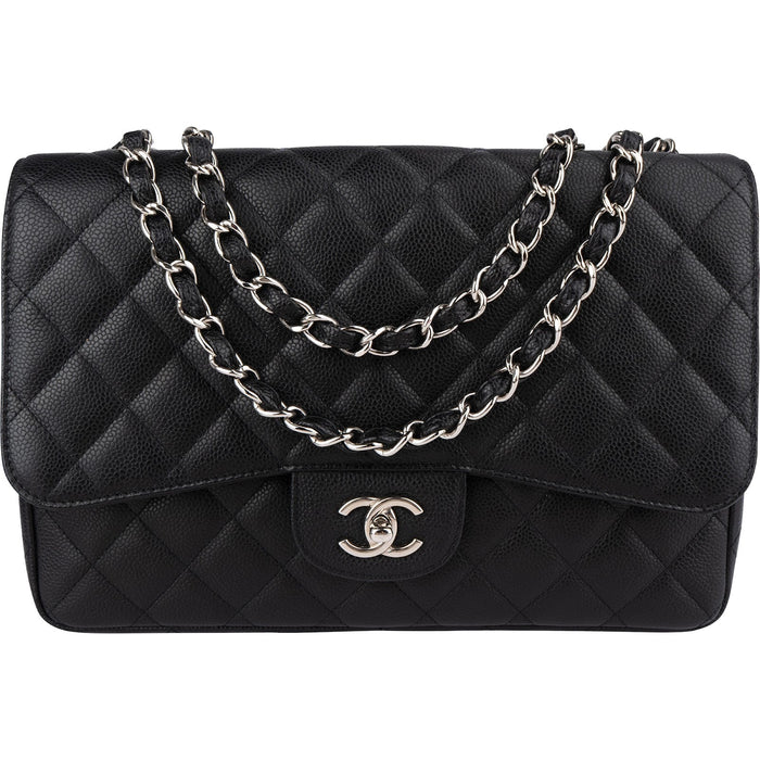 Chanel Quilted Caviar Leather Palladium Jumbo Singe Flap Crossbody Bag