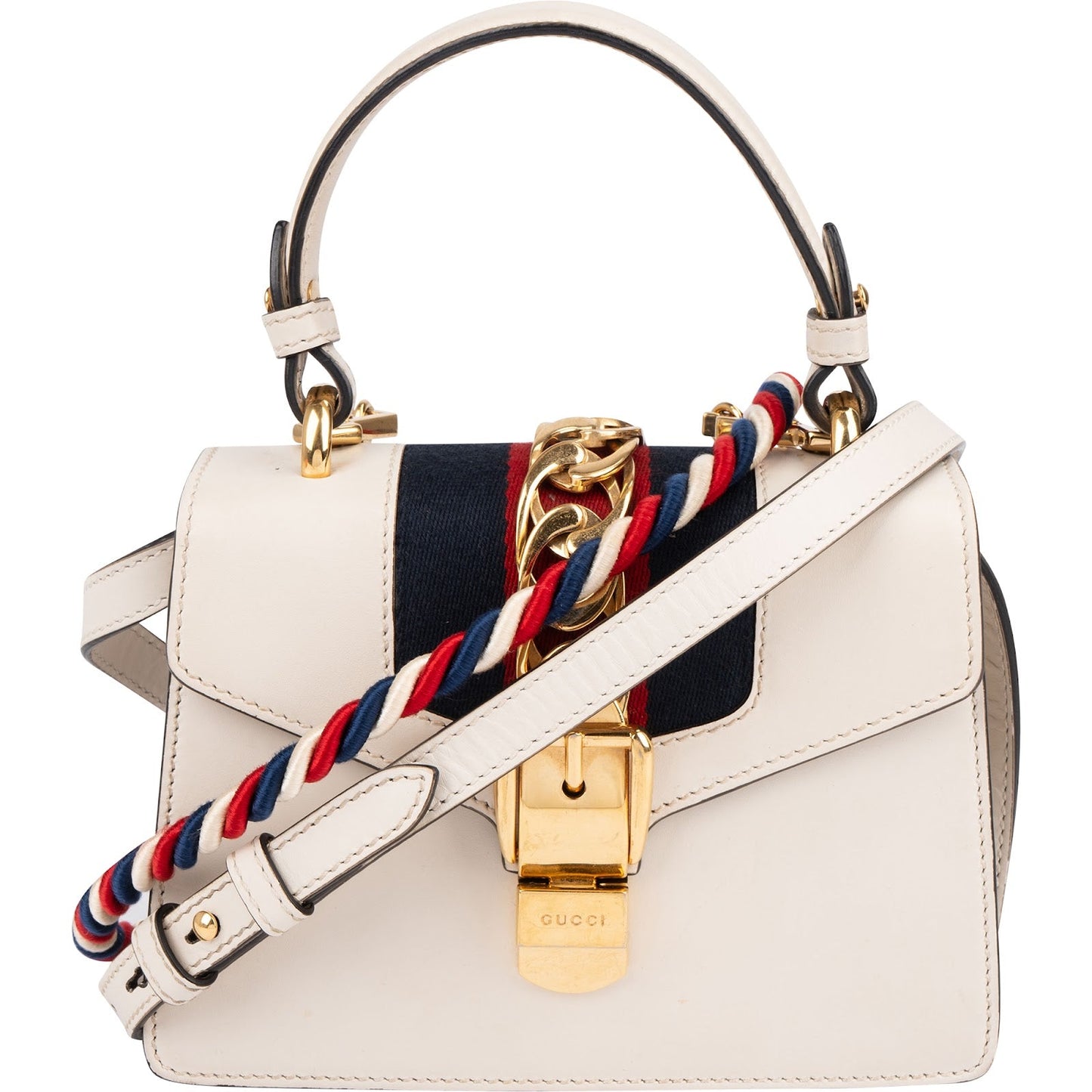 Gucci White Leather Sylvie Mini Top Handle Crossbody Handbag