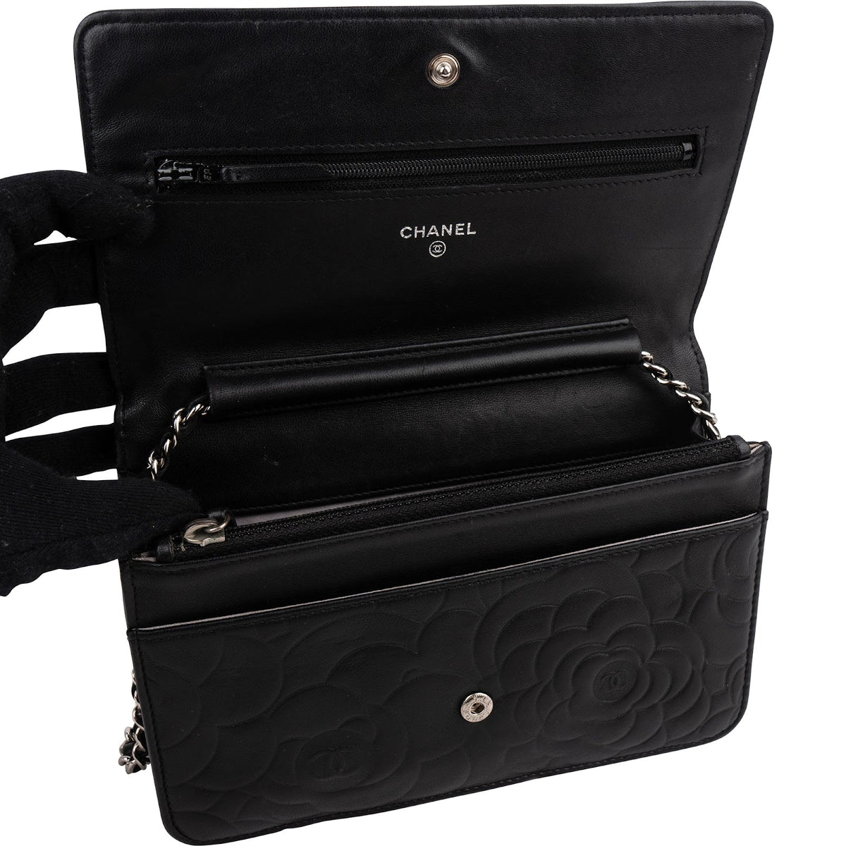 Chanel Camellia Embossed Lambskin Wallet On Chain Crossbody Bag