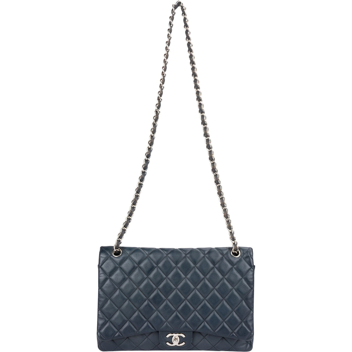 Chanel Navy Qulited Caviar Leather Maxi Double Flap Crossbody Bag