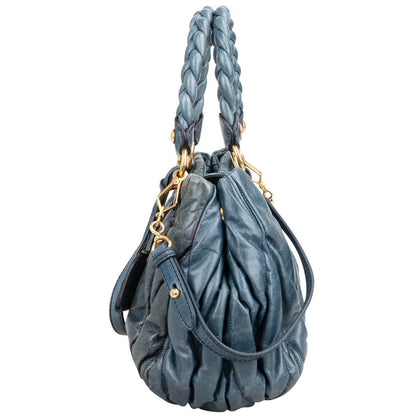 Miu Miu Blue Leather Vitello Lux Pleated Handbag