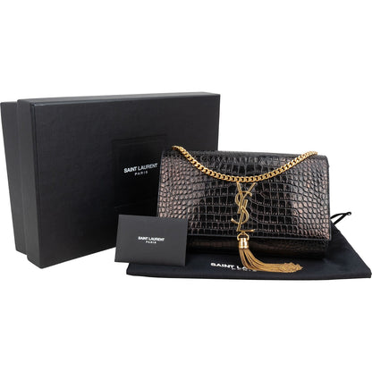 Saint Laurent Croc-Embossed Leather Kate Tassel Chain Crossbody Bag