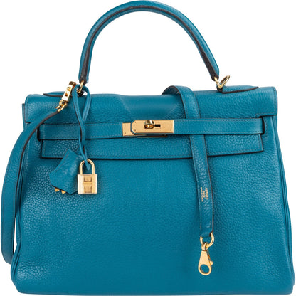 Hermès Bleu Izmir Clemence Leather Kelly 32 Handbag