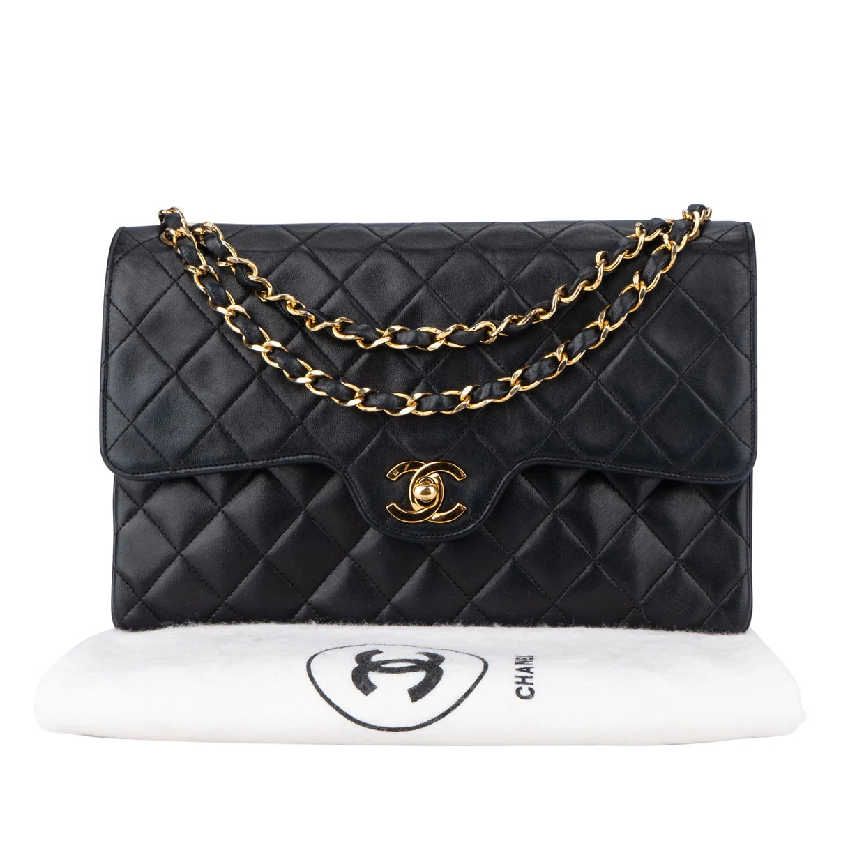 Chanel Quilted Lambskin 24K Gold Double Flap Crossbody Bag