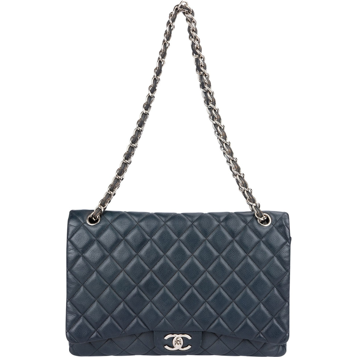 Chanel Navy Qulited Caviar Leather Maxi Double Flap Crossbody Bag