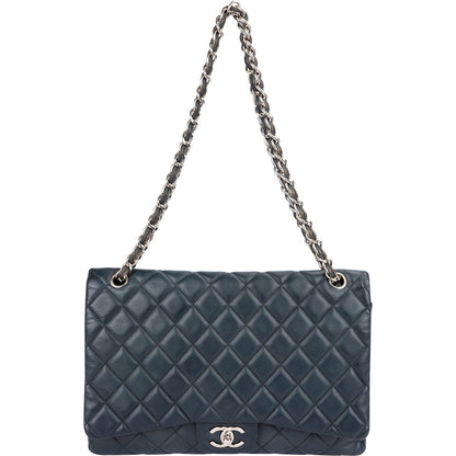 Chanel Navy Qulited Caviar Leather Maxi Double Flap Crossbody Bag