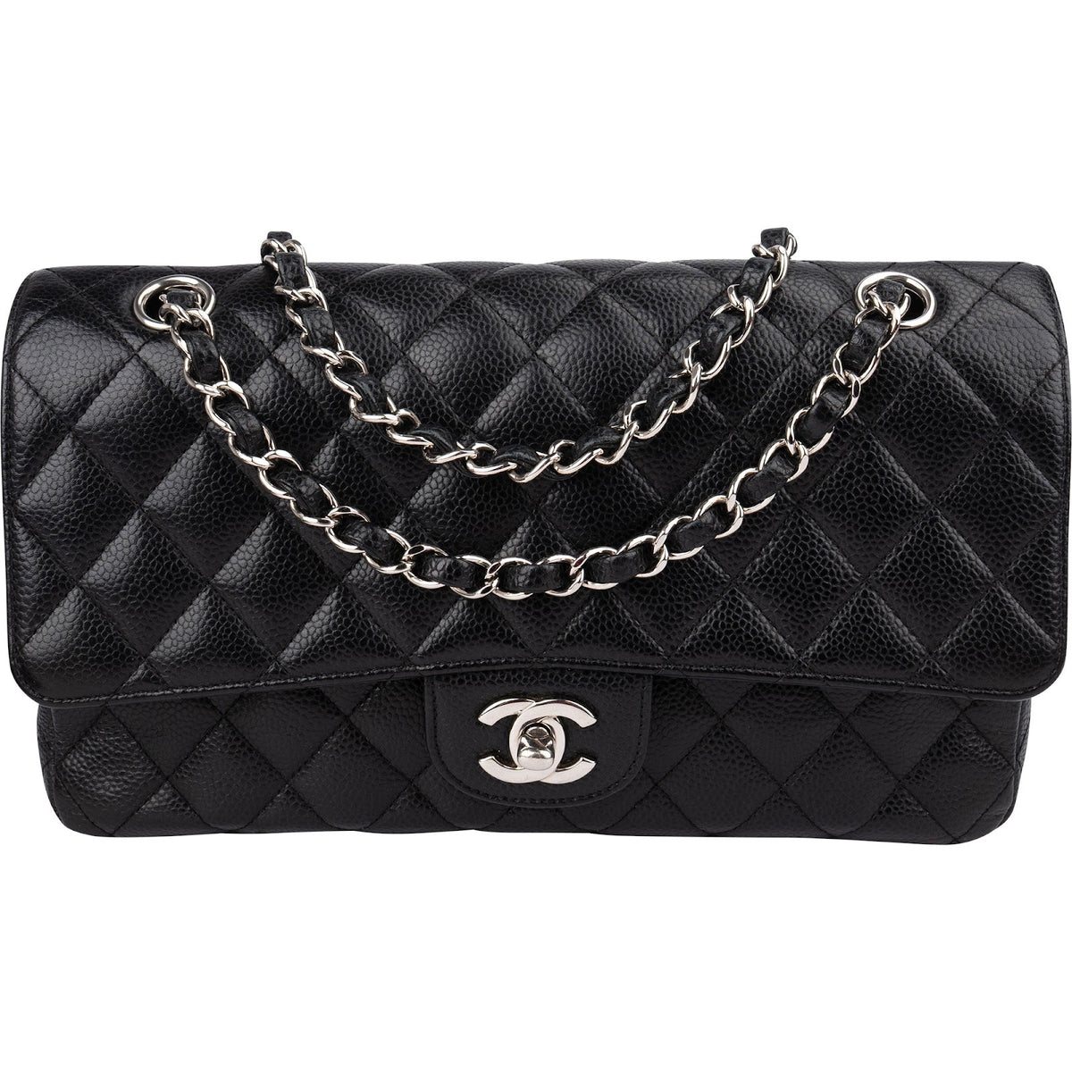Chanel Quilted Caviar Leather Palladium Medium Double Flap Shoulder Bag