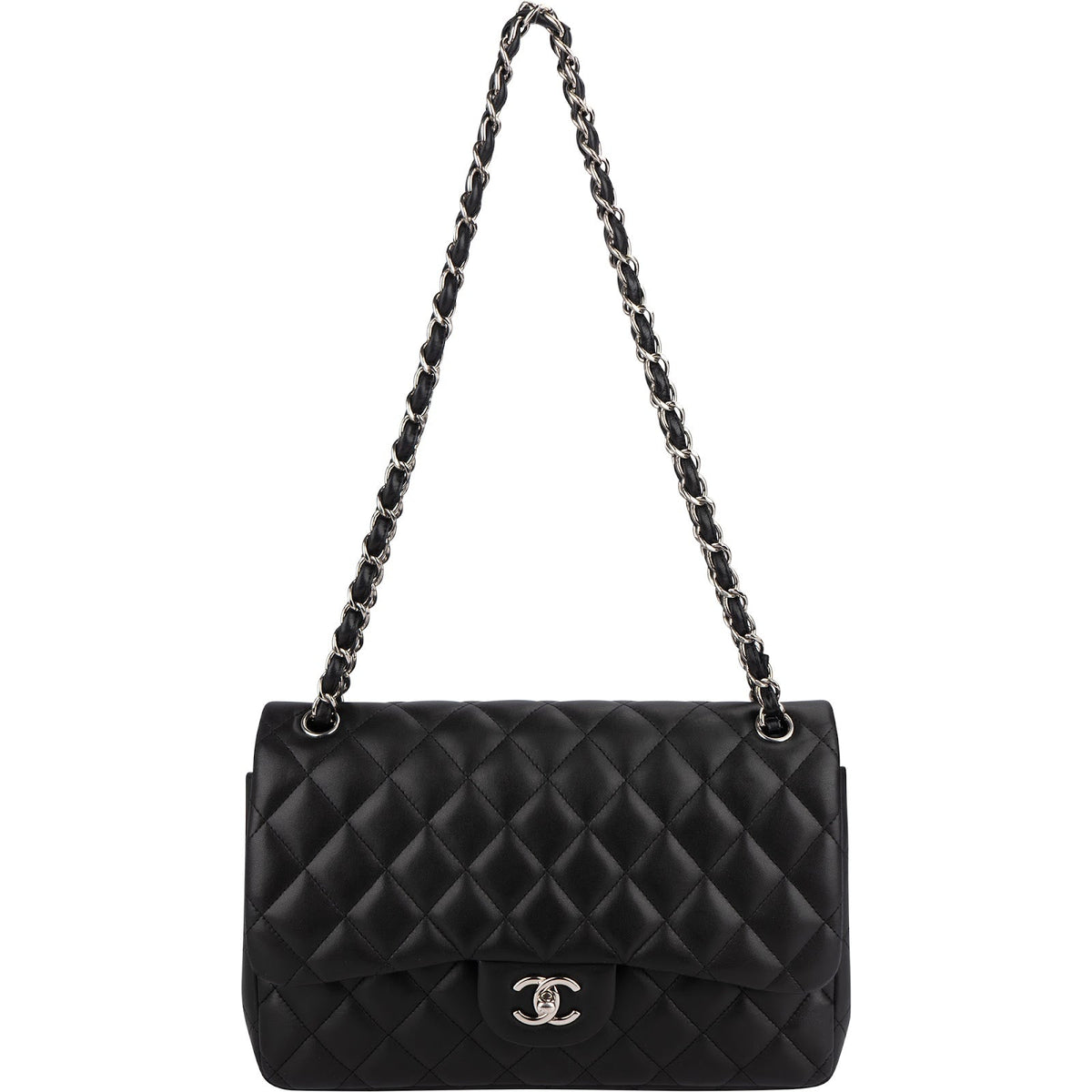 Chanel Quilted Lambskin Palladium Jumbo Double Flap Crossbody Bag