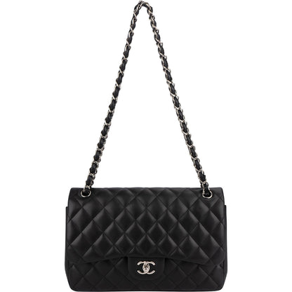 Chanel Quilted Lambskin Palladium Jumbo Double Flap Crossbody Bag