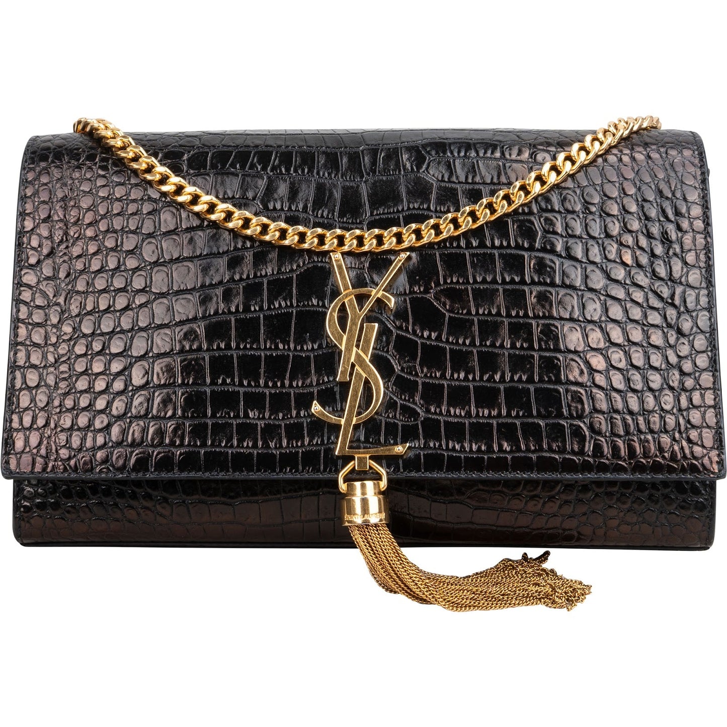Saint Laurent Croc-Embossed Leather Kate Tassel Chain Crossbody Bag