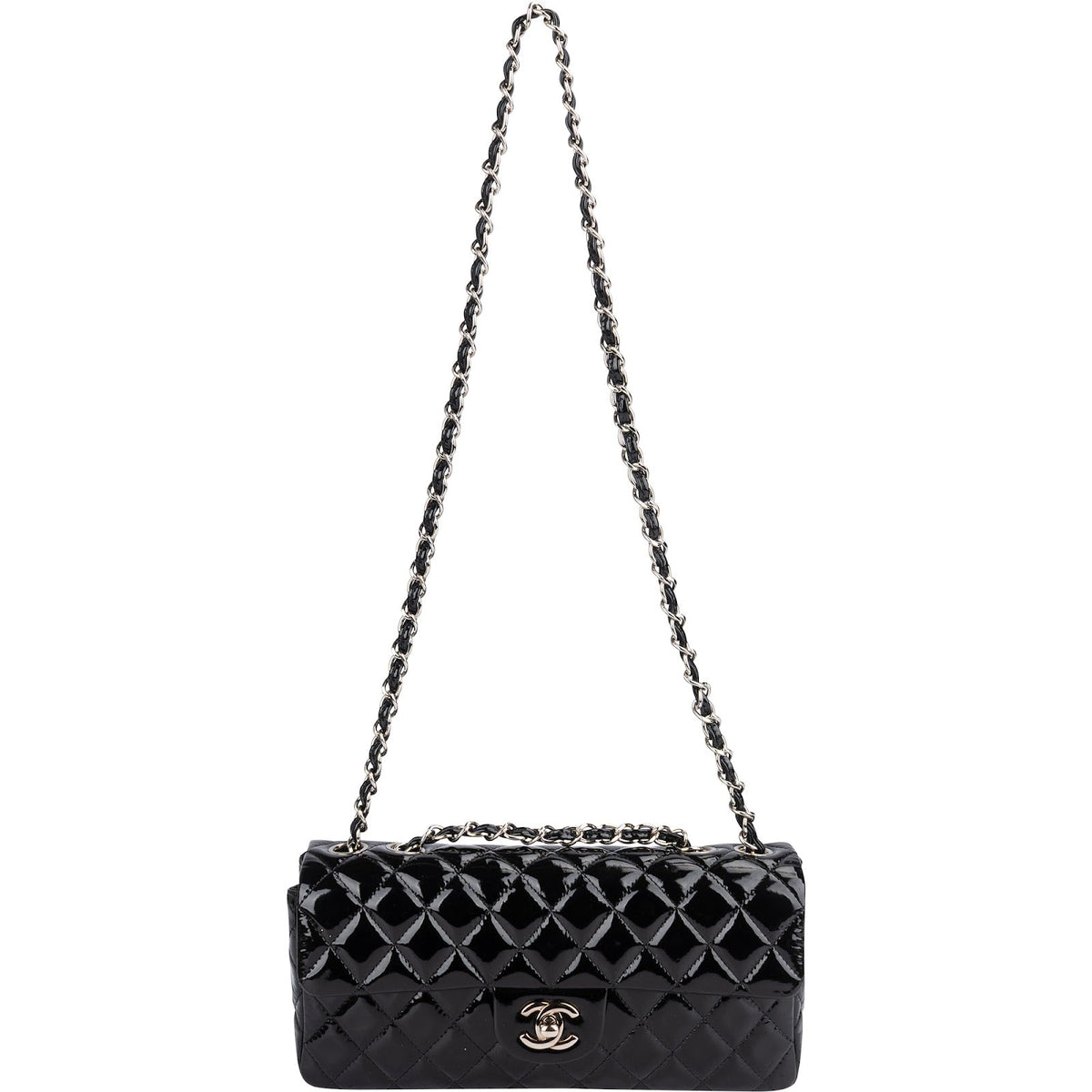 Chanel Quilted Patent Leather East West Single Flap Shoulder Bag