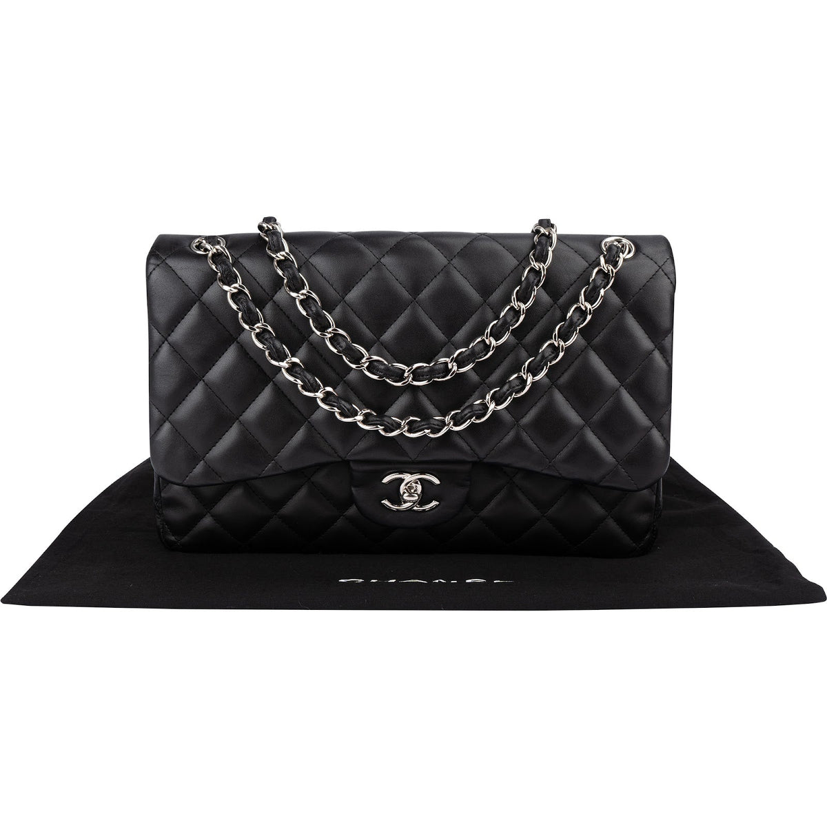 Chanel Quilted Lambskin Palladium Jumbo Double Flap Crossbody Bag