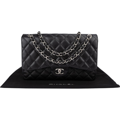 Chanel Quilted Lambskin Palladium Jumbo Double Flap Crossbody Bag
