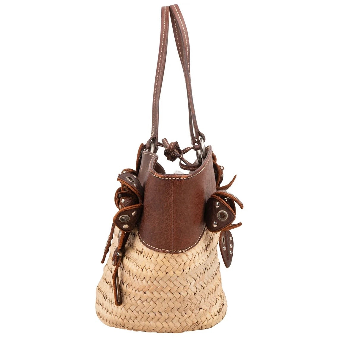 Miu Miu Leather Studded Flower Raffia Basket Shoulder Bag