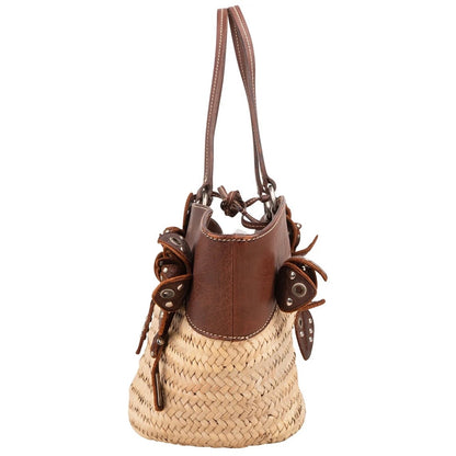 Miu Miu Leather Studded Flower Raffia Basket Shoulder Bag