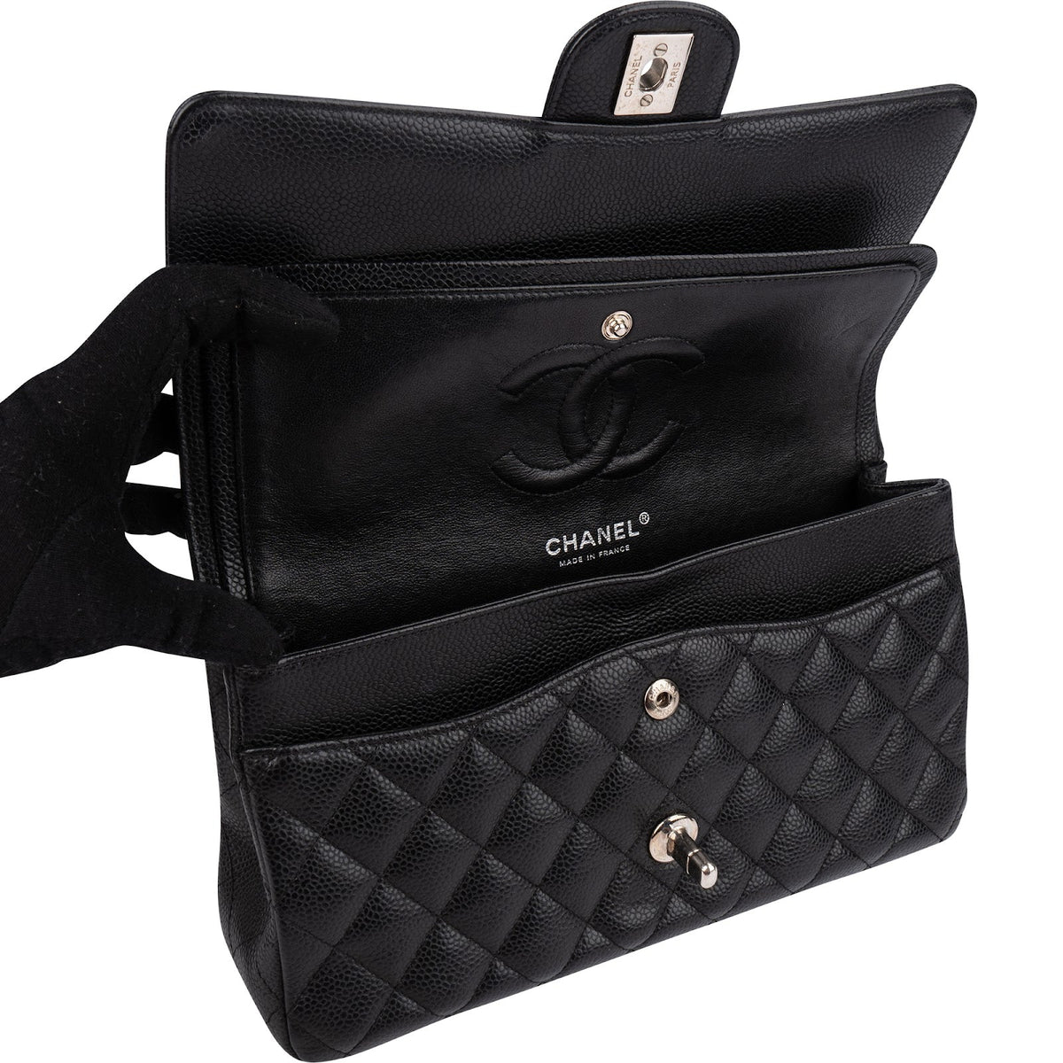 Chanel Quilted Caviar Leather Palladium Medium Double Flap Shoulder Bag
