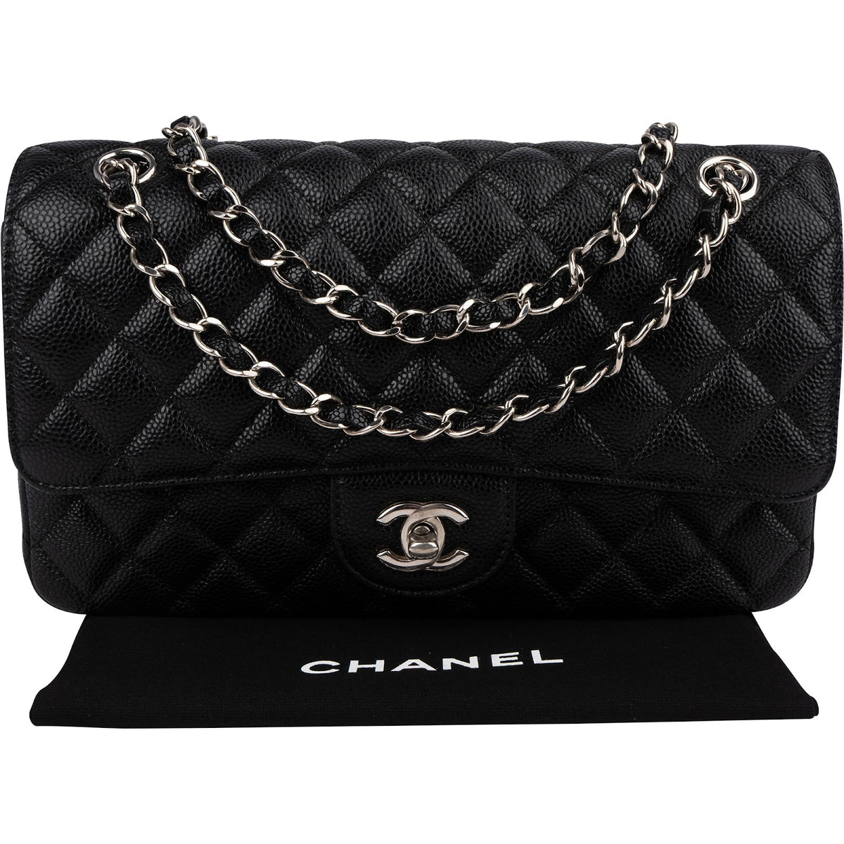 Chanel Quilted Caviar Leather Palladium Medium Double Flap Shoulder Bag