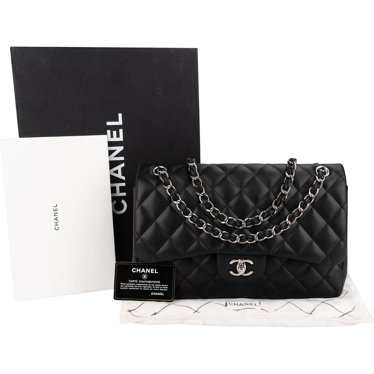 Chanel Quilted Lambskin Palladium Jumbo Double Flap Crossbody Bag