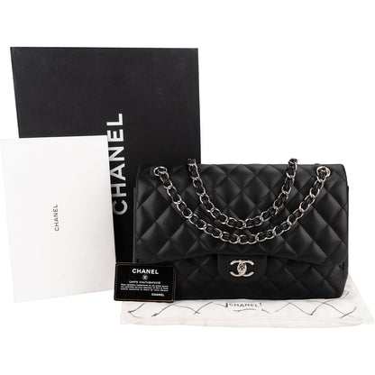 Chanel Quilted Lambskin Palladium Jumbo Double Flap Crossbody Bag