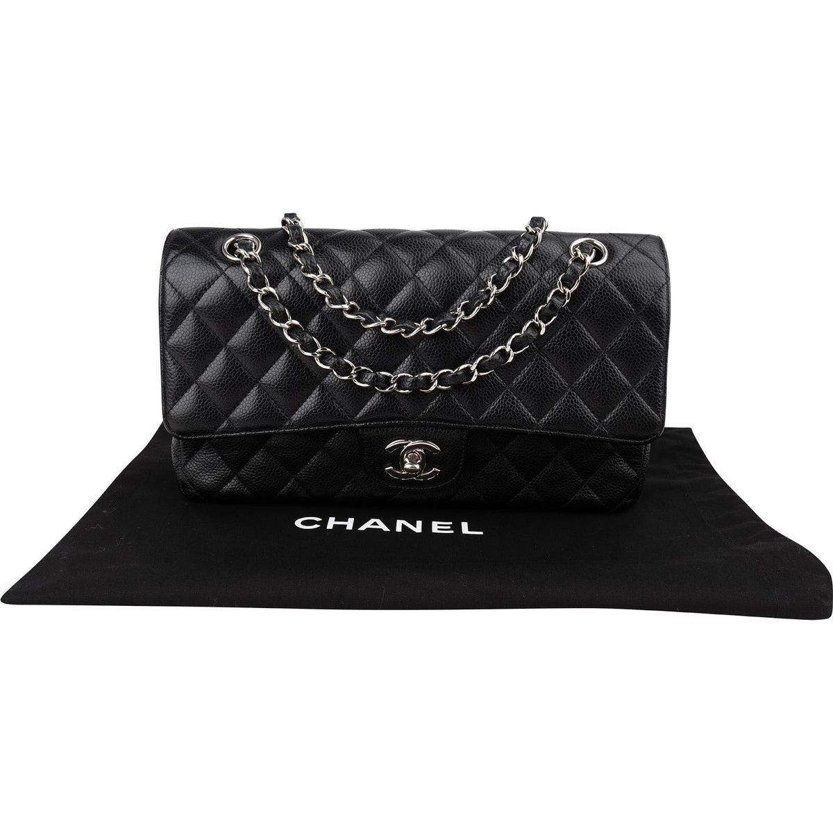 Chanel Quilted Caviar Leather Palladium Medium Double Flap Shoulder Bag