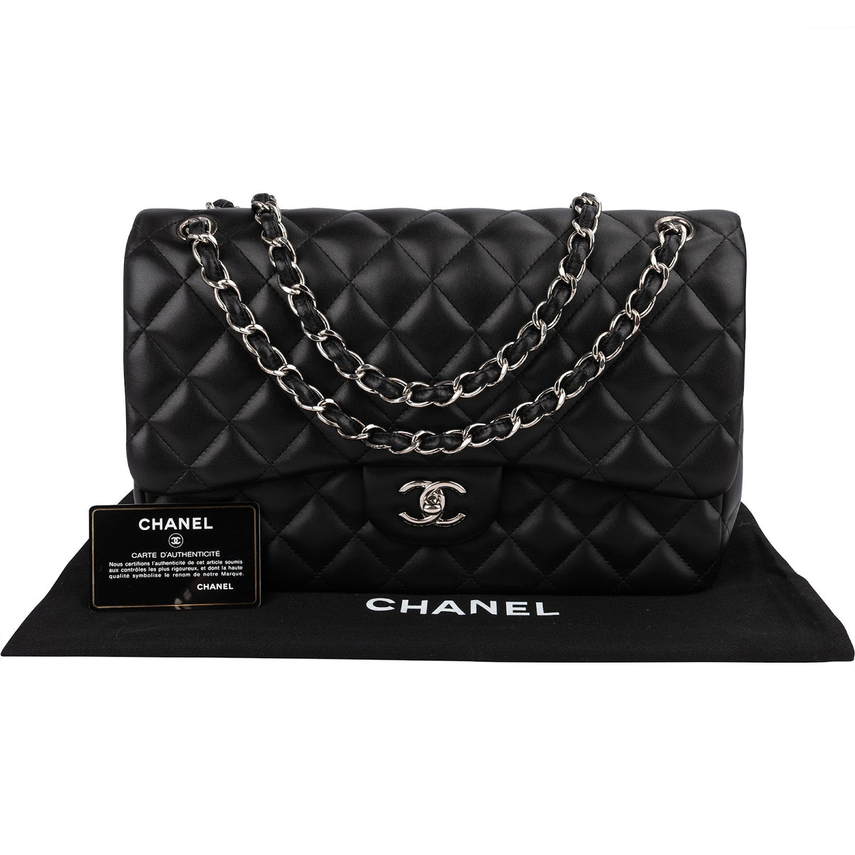 Chanel Quilted Lambskin Palladium Jumbo Double Flap Crossbody Bag