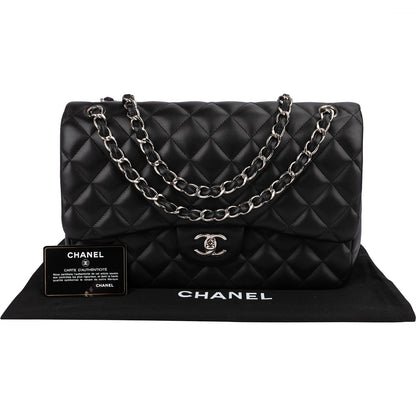 Chanel Quilted Lambskin Palladium Jumbo Double Flap Crossbody Bag