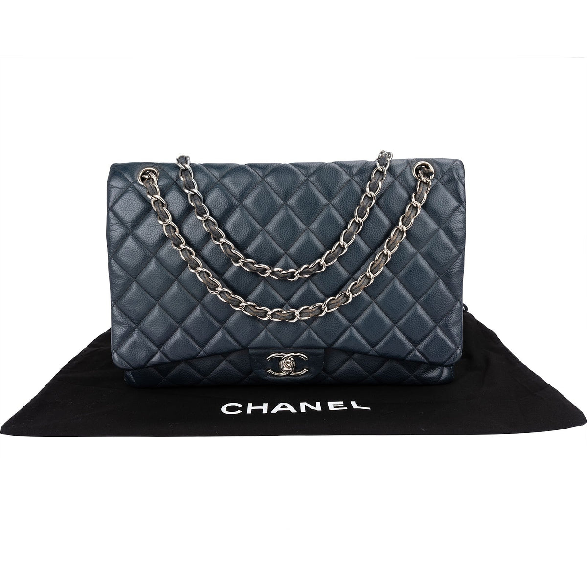 Chanel Navy Qulited Caviar Leather Maxi Double Flap Crossbody Bag