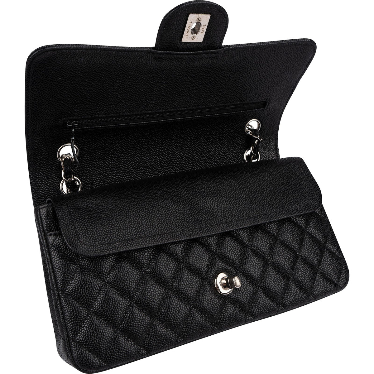 Chanel Quilted Caviar Leather Palladium Medium Double Flap Shoulder Bag