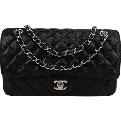 Chanel Quilted Caviar Leather Palladium Medium Double Flap Shoulder Bag