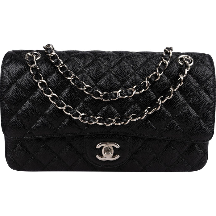 Chanel Quilted Caviar Leather Palladium Medium Double Flap Shoulder Bag
