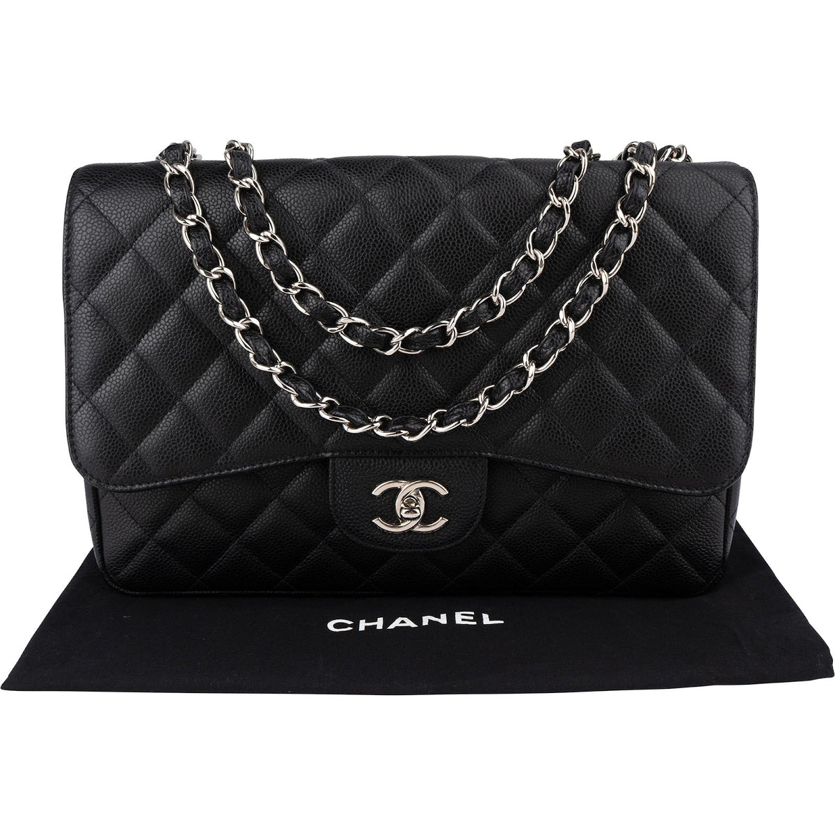 Chanel Quilted Caviar Leather Palladium Jumbo Singe Flap Crossbody Bag